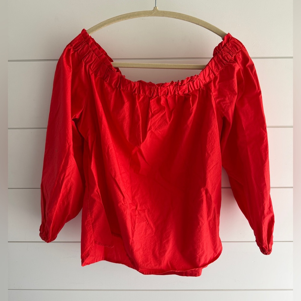 J. Crew Bright Cherry Red Cotton Fabric Off-the-Shoulder Blouse, Size Medium